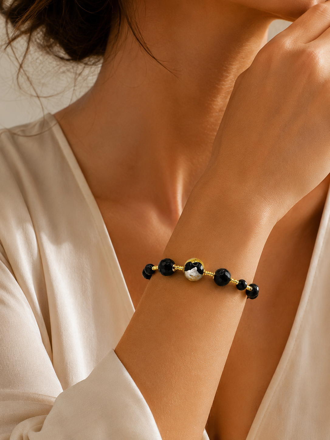 SCRIGNO NERO BRACCIALE perle in vetro di murano e onice