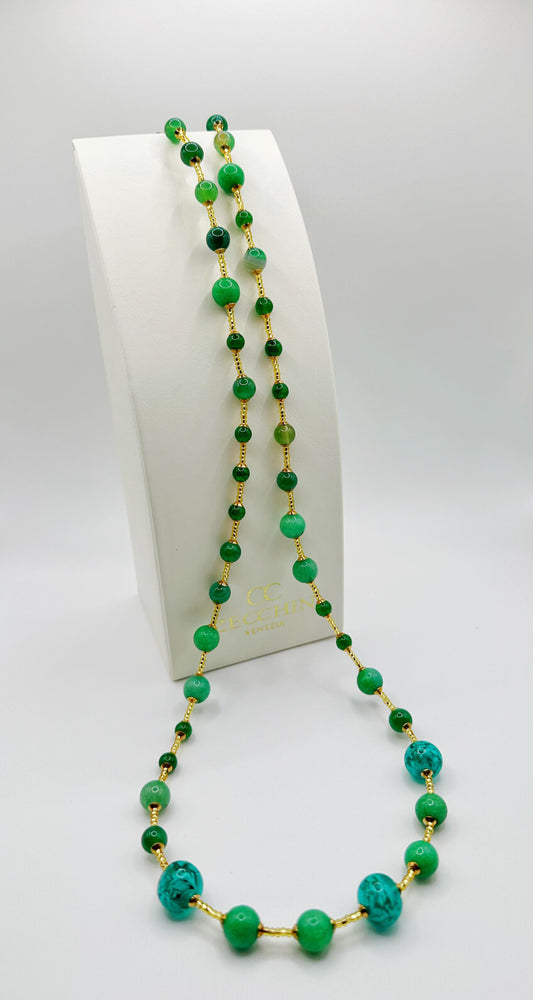 SCRIGNO COLLANA LUNGA vetro di Murano e Agata Cm 90