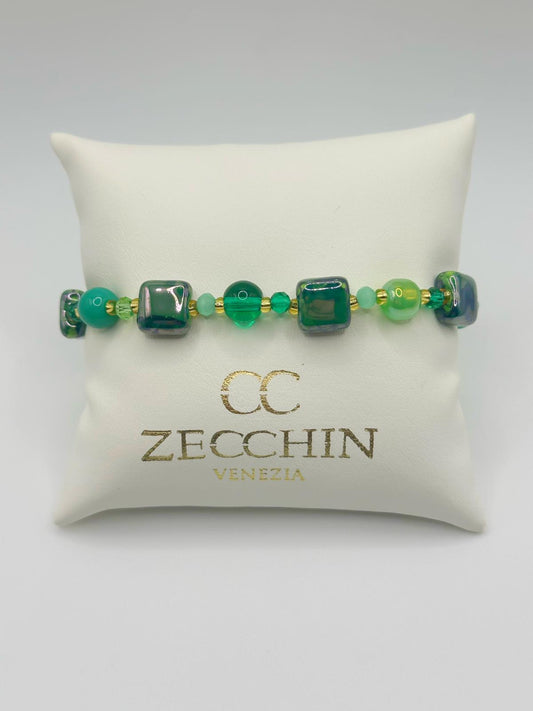 Bracciale Mikonos con perle cubiche in vetro di Murano, colore verde
