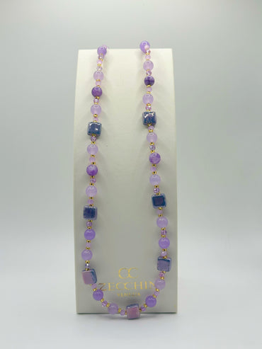 Collana Mikonos con perle cubiche in vetro di Murano, colore lilla
