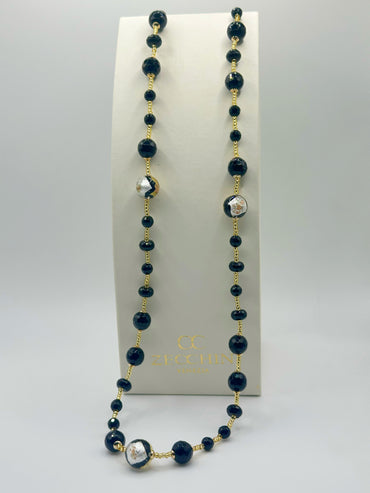 SCRIGNO NERO COLLANA LUNGA perle in vetro di murano e onice