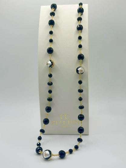 SCRIGNO NERO COLLANA LUNGA perle in vetro di murano e onice
