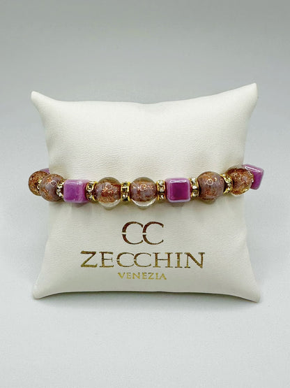 Bracciale Cubo con perle in vetro di Murano, ceramica e polvere d'oro, colore lilla