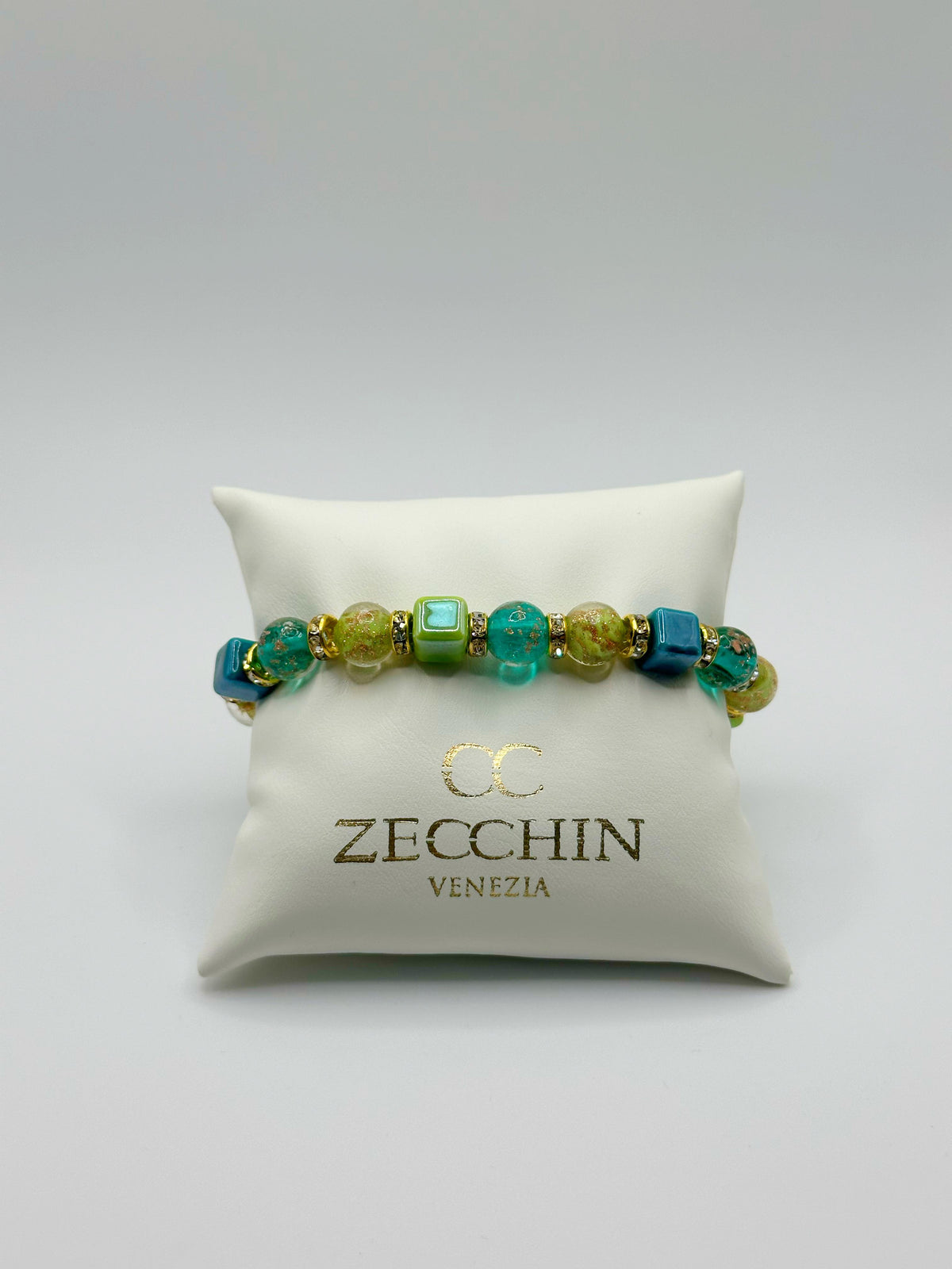 Bracciale Cubo con perle in vetro di Murano, ceramica e polvere d'oro, colore verde