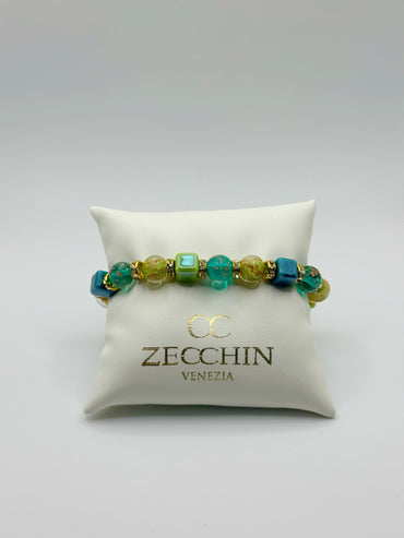 Bracciale Cubo con perle in vetro di Murano, ceramica e polvere d'oro, colore verde