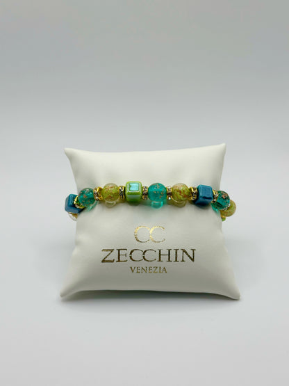 Bracciale Cubo con perle in vetro di Murano, ceramica e polvere d'oro, colore verde