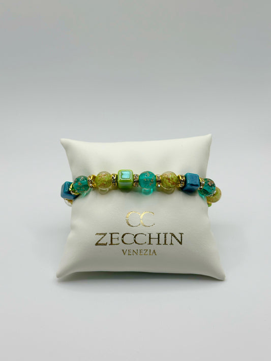 Bracciale Cubo con perle in vetro di Murano, ceramica e polvere d'oro, colore verde