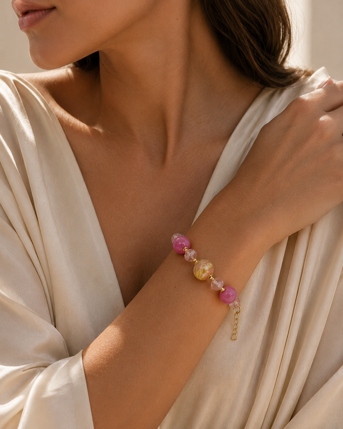 Bracciale Desiderio in vetro di Murano, oro 750 e avventurina, indossato