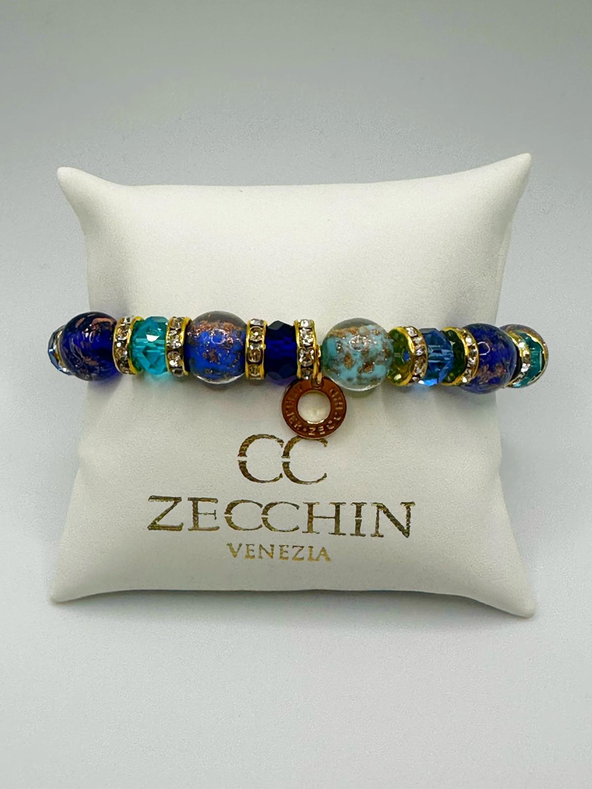 Bracciale Fenice con perle in vetro di Murano da 10 mm, multicolore blu
