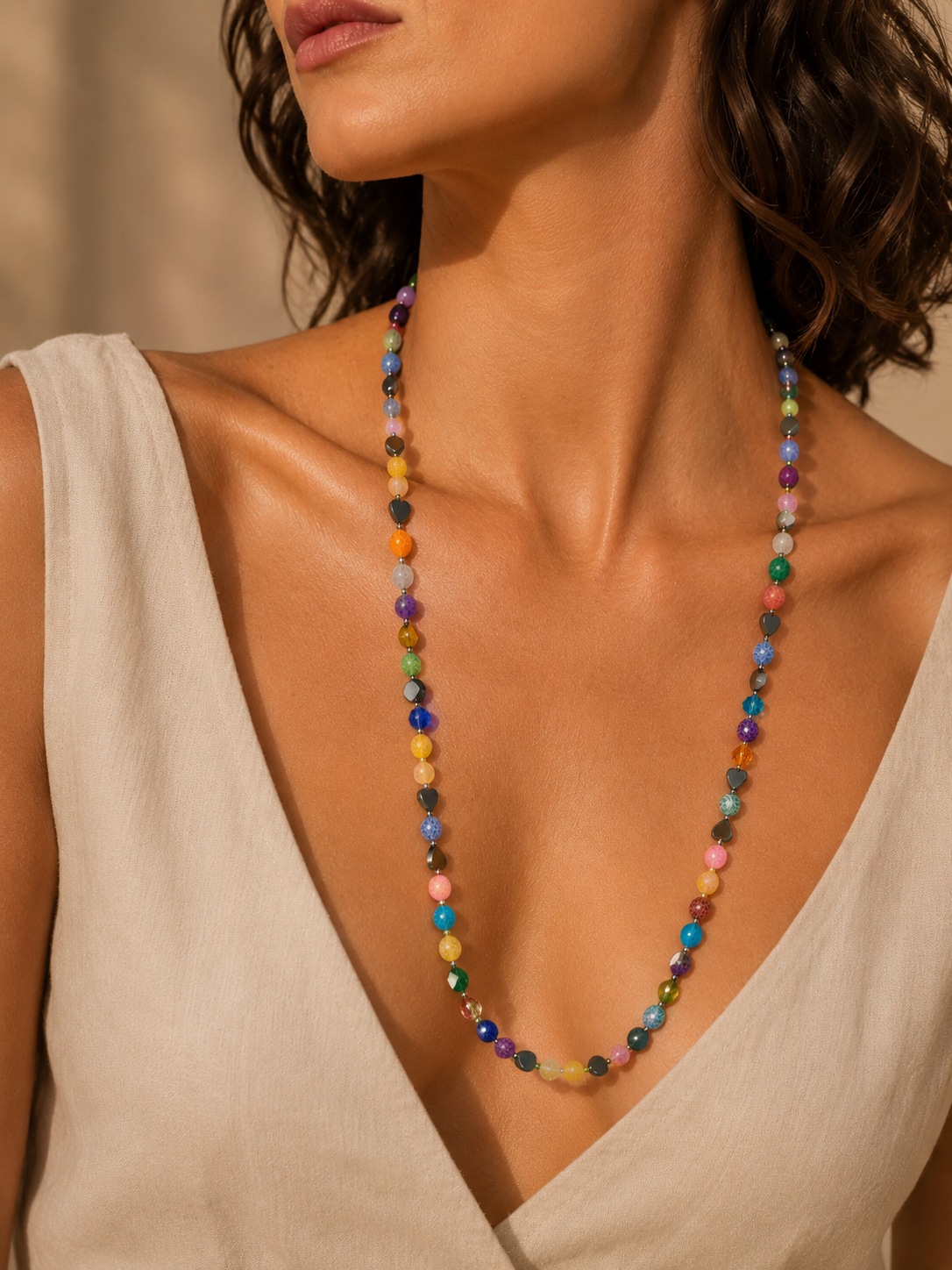 Collana Cloe' con pendente a cuore, 57 cm, indossata
