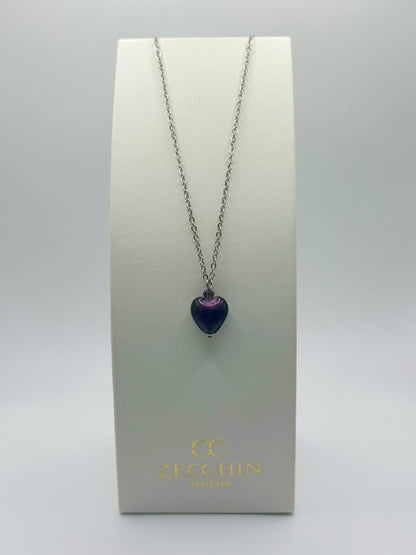 Collana con pendente a cuore in vetro di Murano con foglia argento, colore prugna