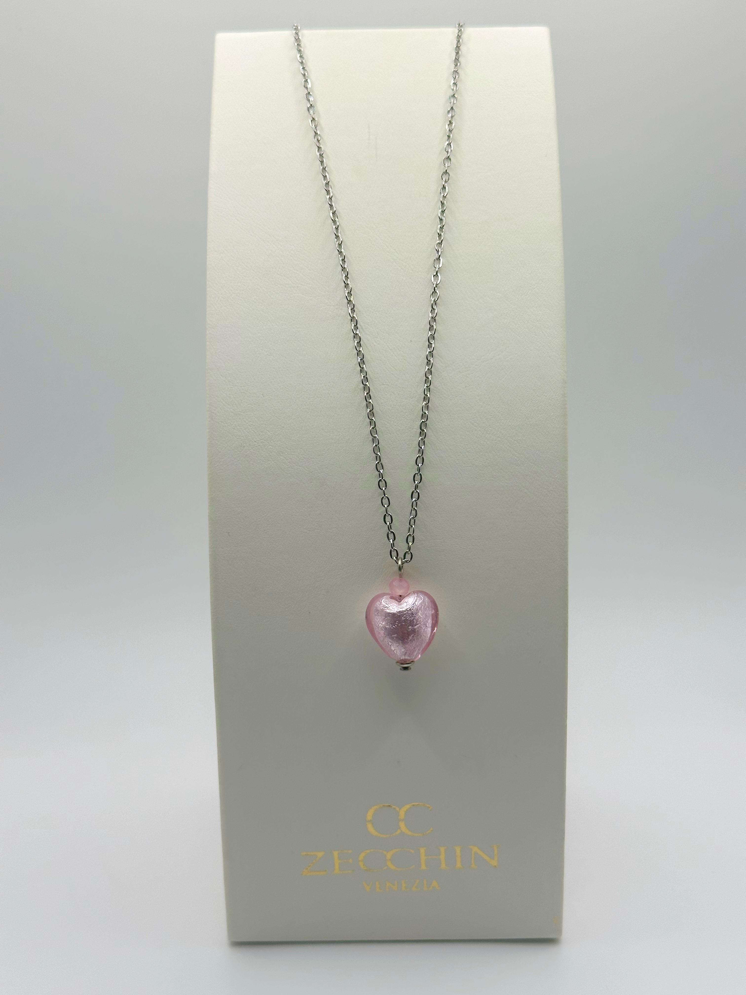 Collana con pendente a cuore in vetro di Murano con foglia argento, colore rosa
