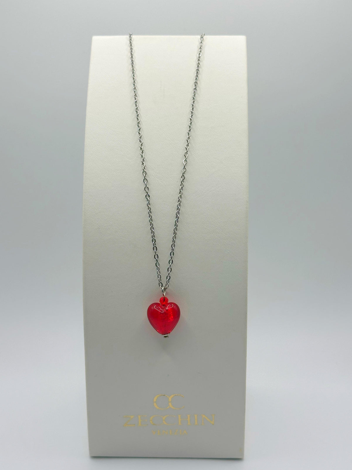 Collana con pendente a cuore in vetro di Murano con foglia argento, colore rosso