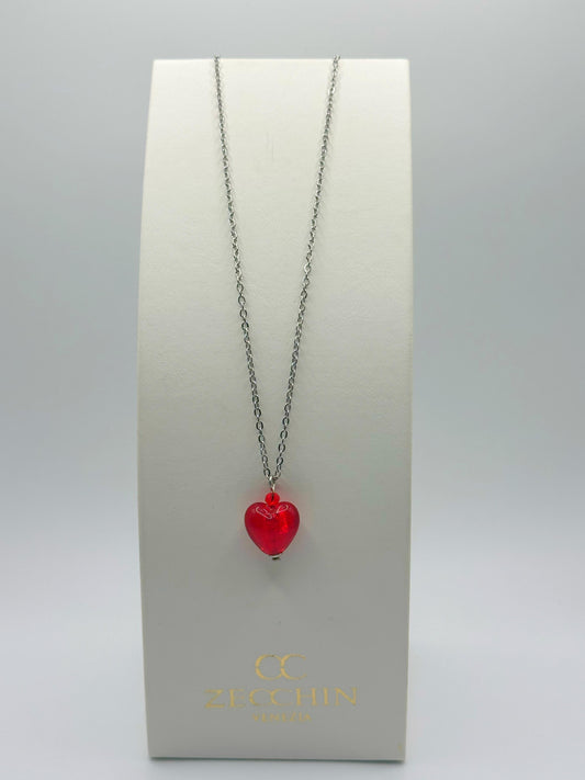 Collana con pendente a cuore in vetro di Murano con foglia argento, colore rosso