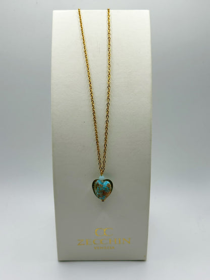 Collana con pendente a cuore in vetro di Murano e avventurina, colore azzurro