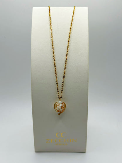 Collana con pendente a cuore in vetro di Murano e avventurina, colore bianco