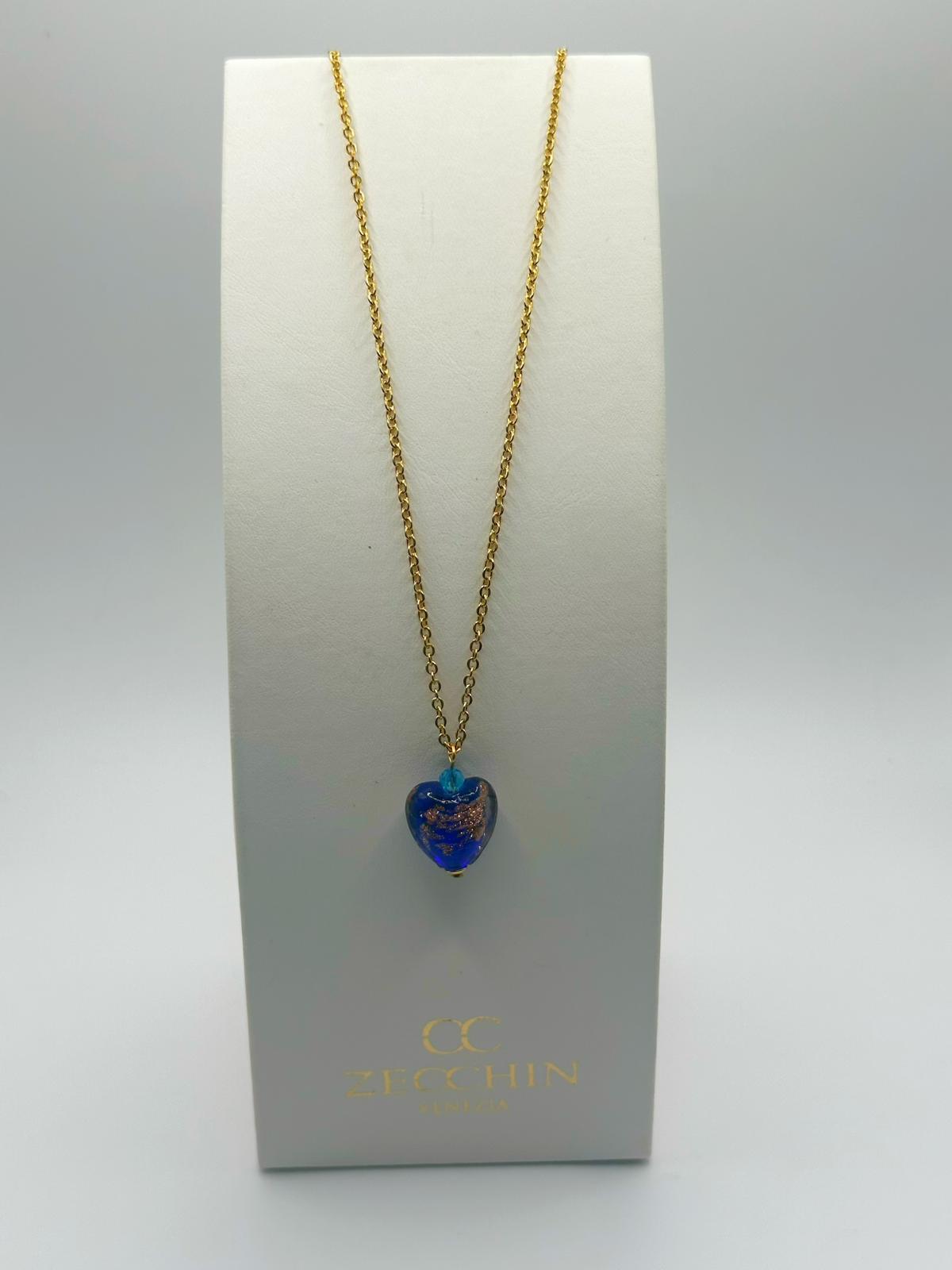 Collana con pendente a cuore in vetro di Murano e avventurina, colore blu
