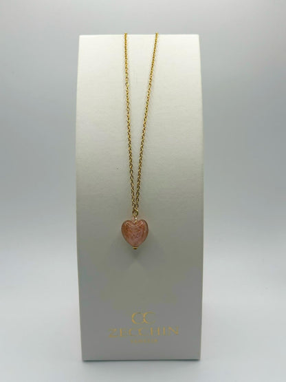 Collana con pendente a cuore in vetro di Murano e avventurina, colore rosa