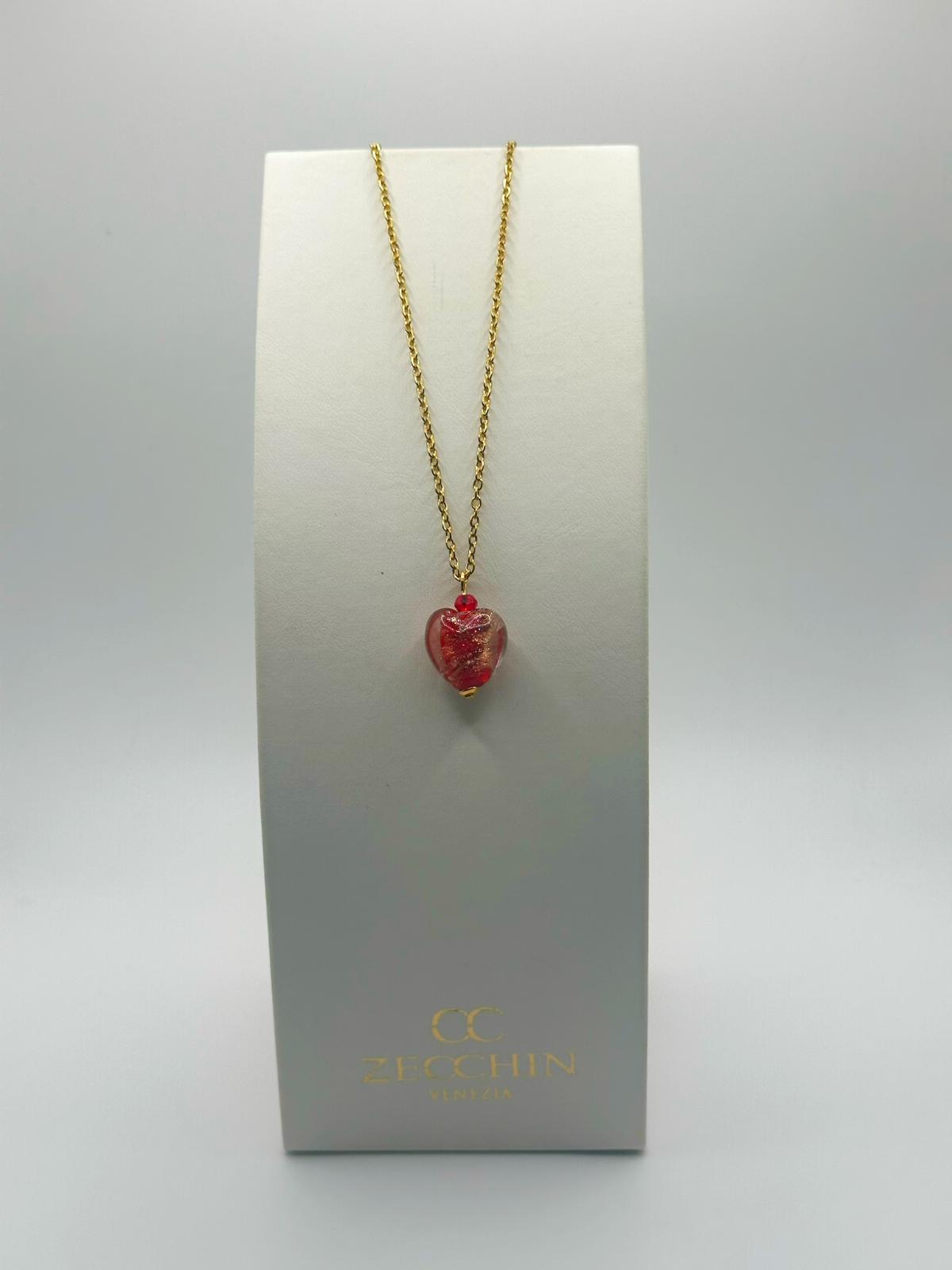 Collana con pendente a cuore in vetro di Murano e avventurina, colore rosso