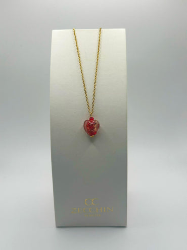 Collana con pendente a cuore in vetro di Murano e avventurina, colore rosso