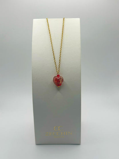 Collana con pendente a cuore in vetro di Murano e avventurina, colore rosso