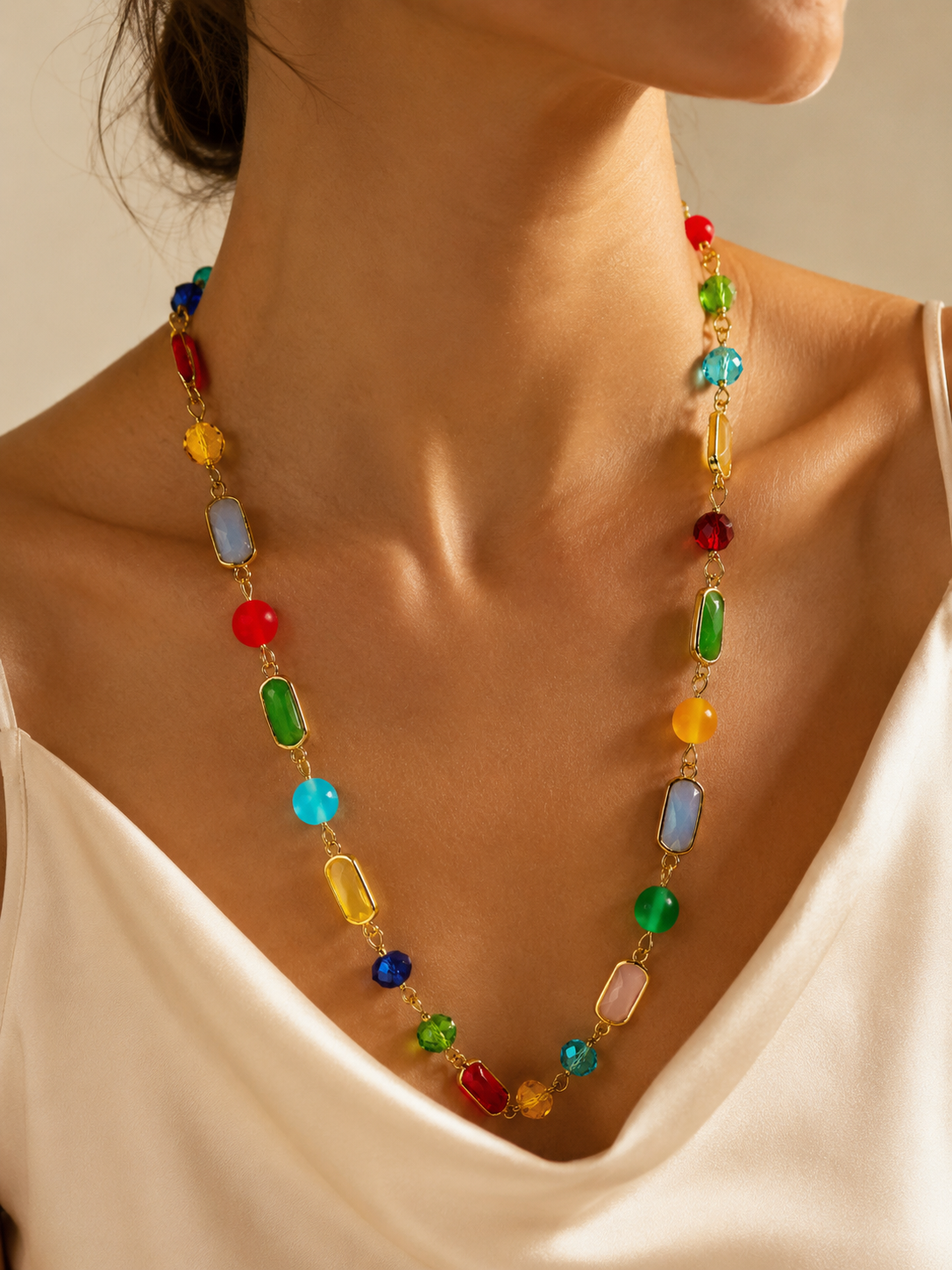 Collana Grace corta con inserti rettangolari in vetro di Murano, 48 cm, indossata