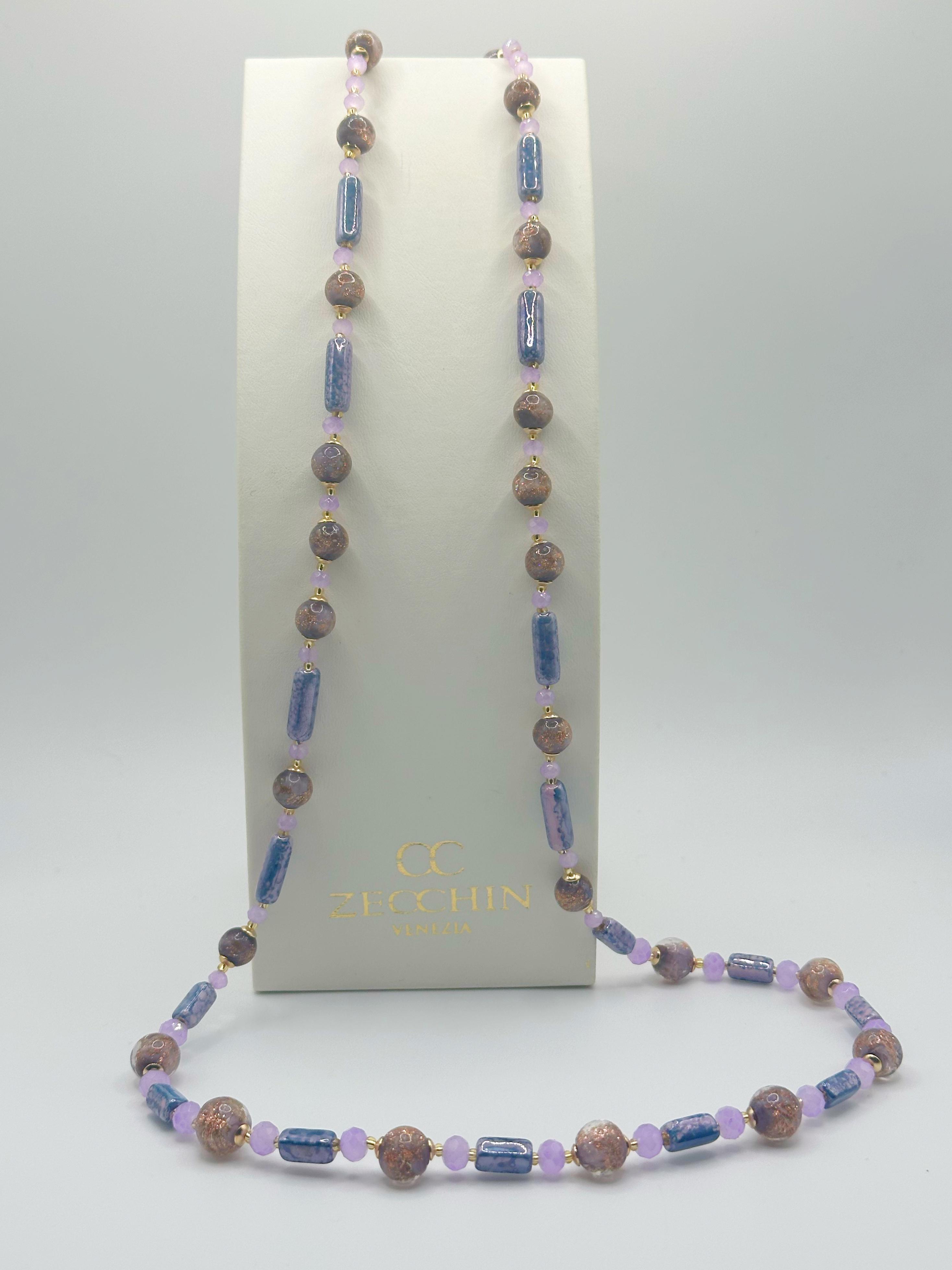 Collana lunga Atene in vetro di Murano e avventurina, colore lilla