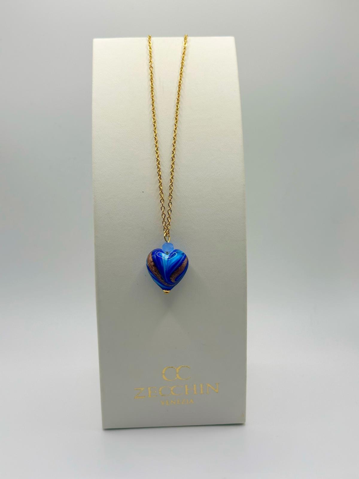 Collana Margot con pendente a cuore in vetro di Murano e avventurina, colore blu