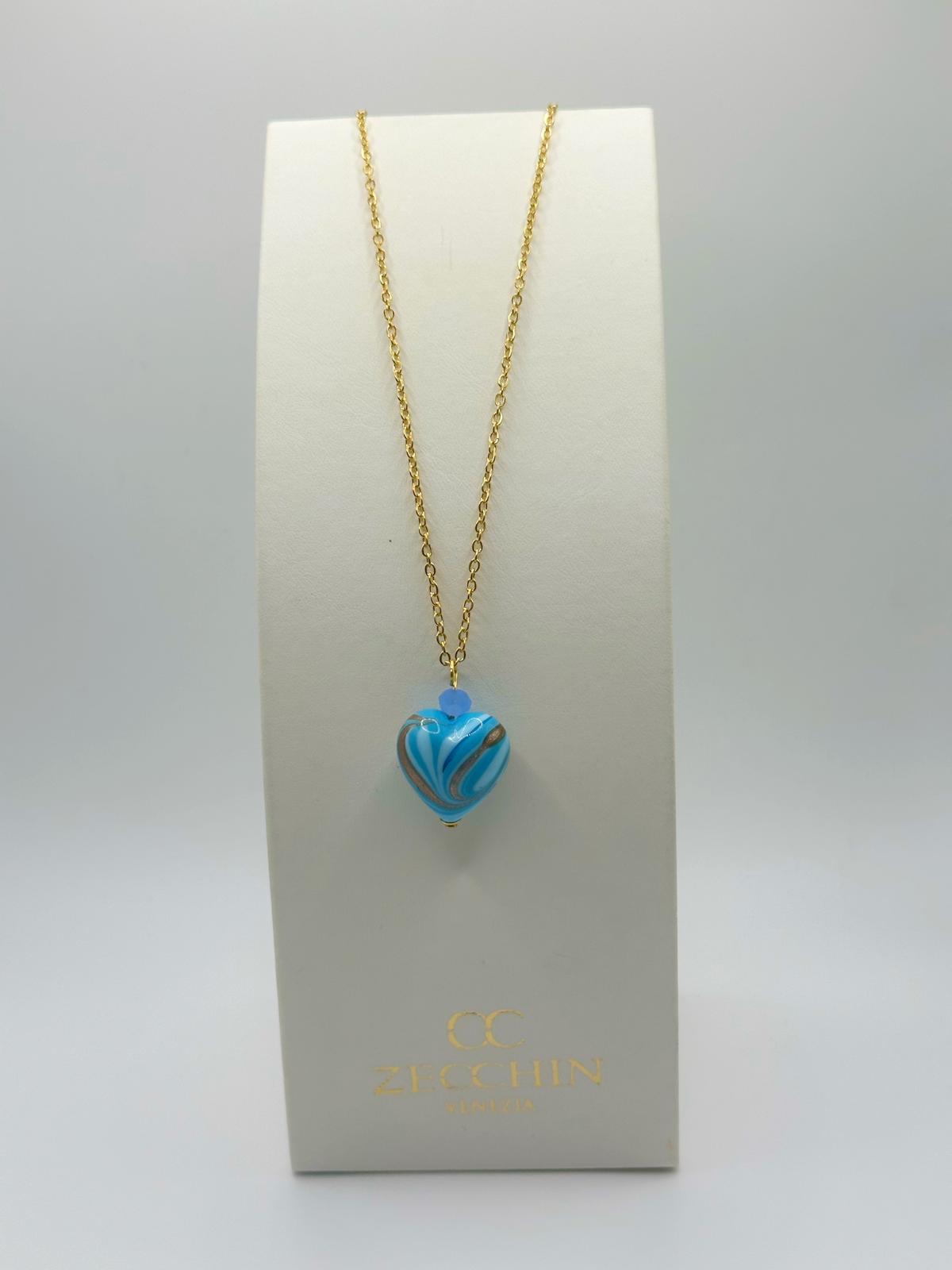 Collana Margot con pendente a cuore in vetro di Murano e avventurina, colore celeste
