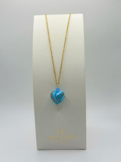Collana Margot con pendente a cuore in vetro di Murano e avventurina, colore celeste