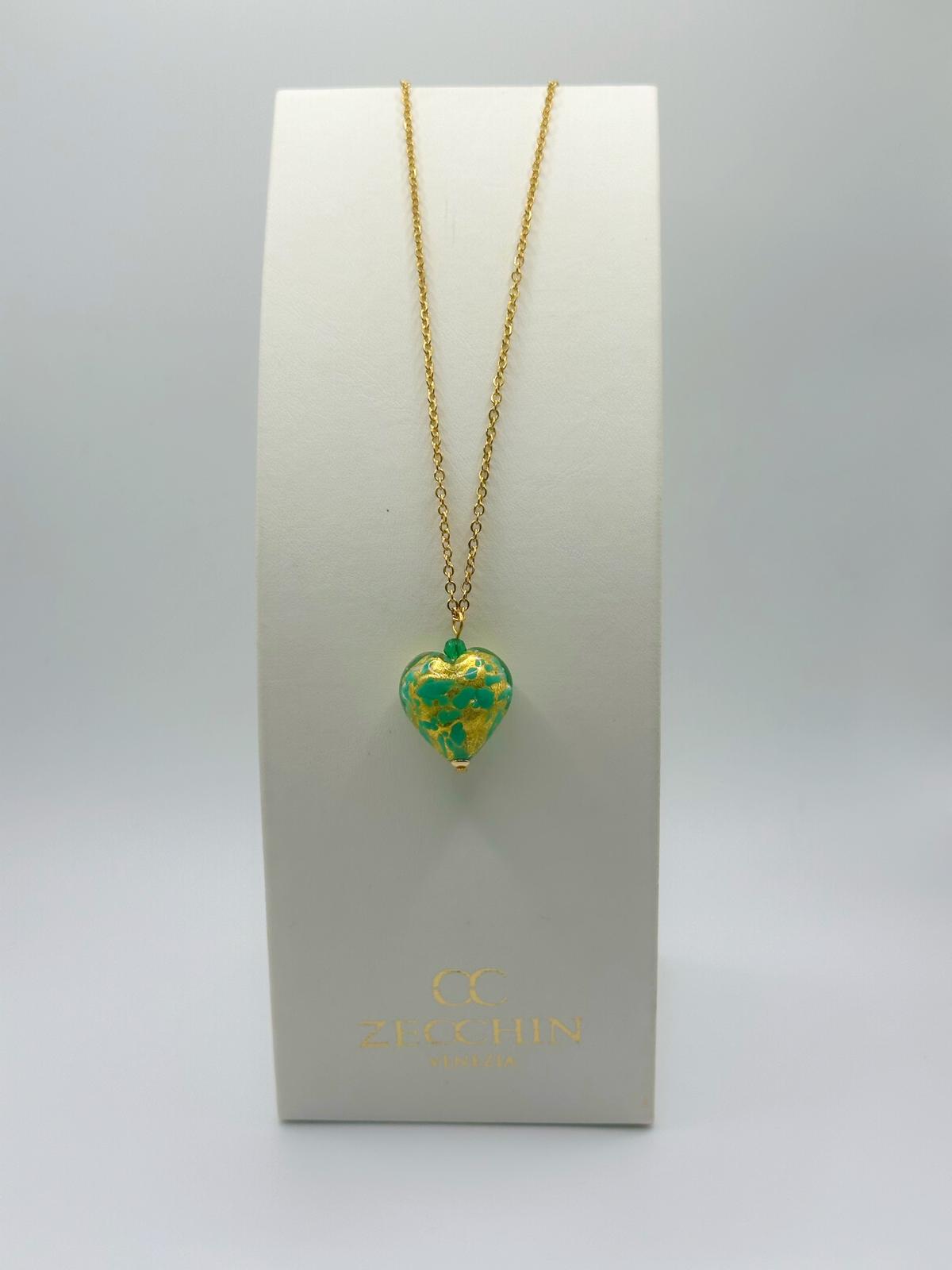 Collana con pendente a cuore Oro Pesto in vetro di Murano, colore verde