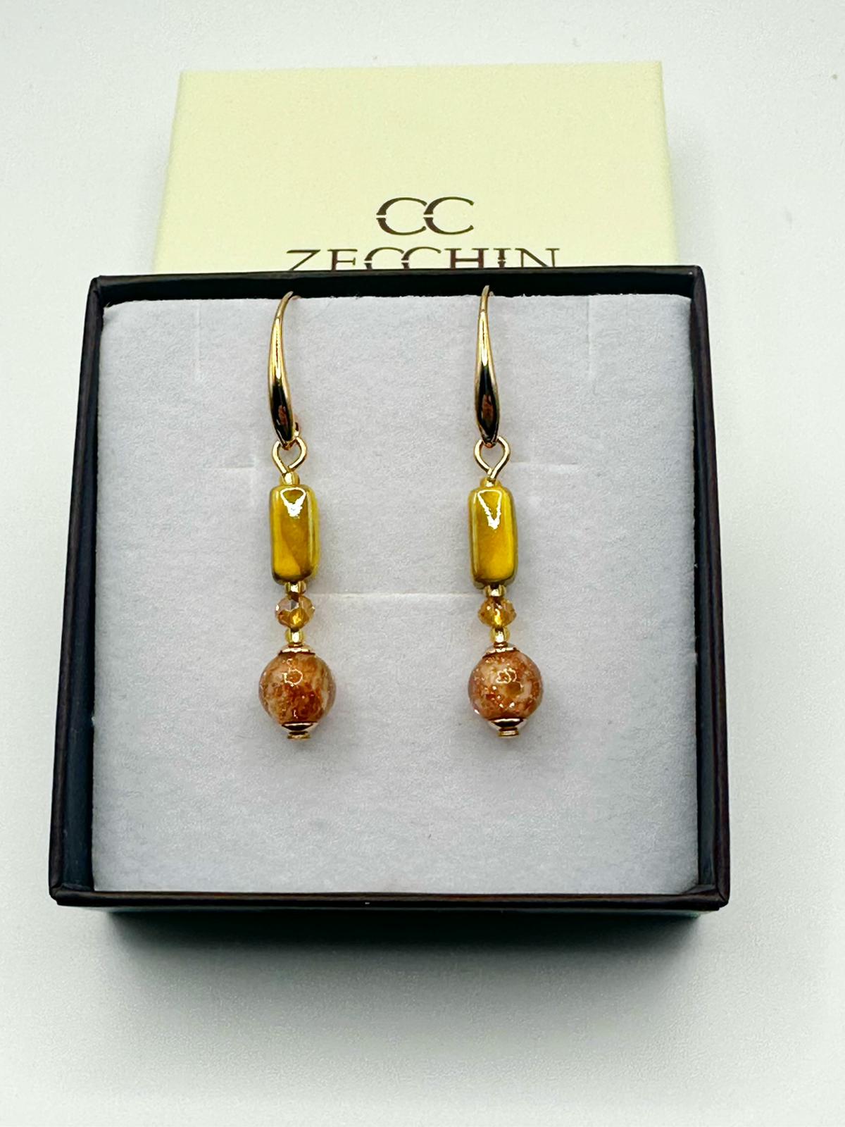 Orecchini Atene in vetro di Murano e avventurina, colore oro
